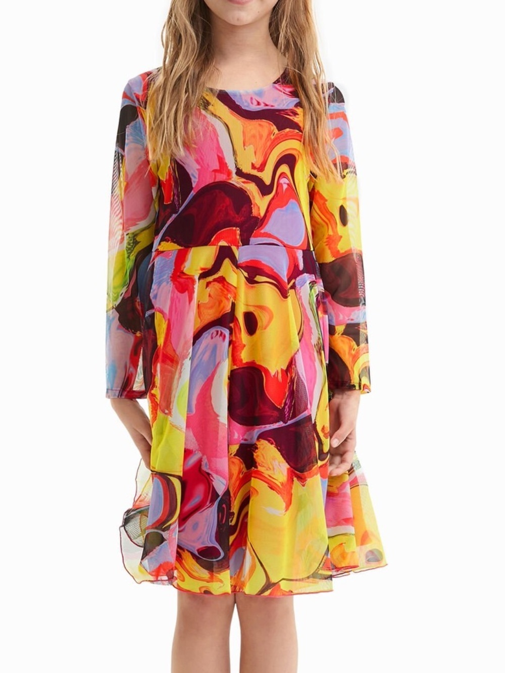 Desigual girls bright watercolor mesh flowy kids dress 5/6 y